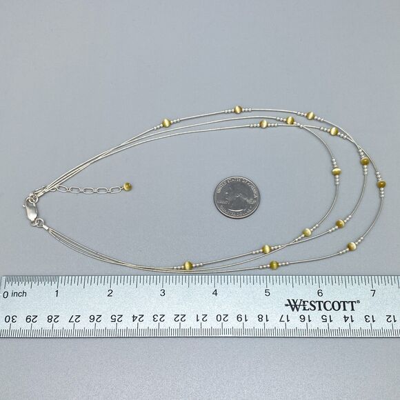Vintage Sterling Silver 925 3-Strand Yellow Cat’s Eye Glass Bead Necklace 17.5” - Picture 4 of 4